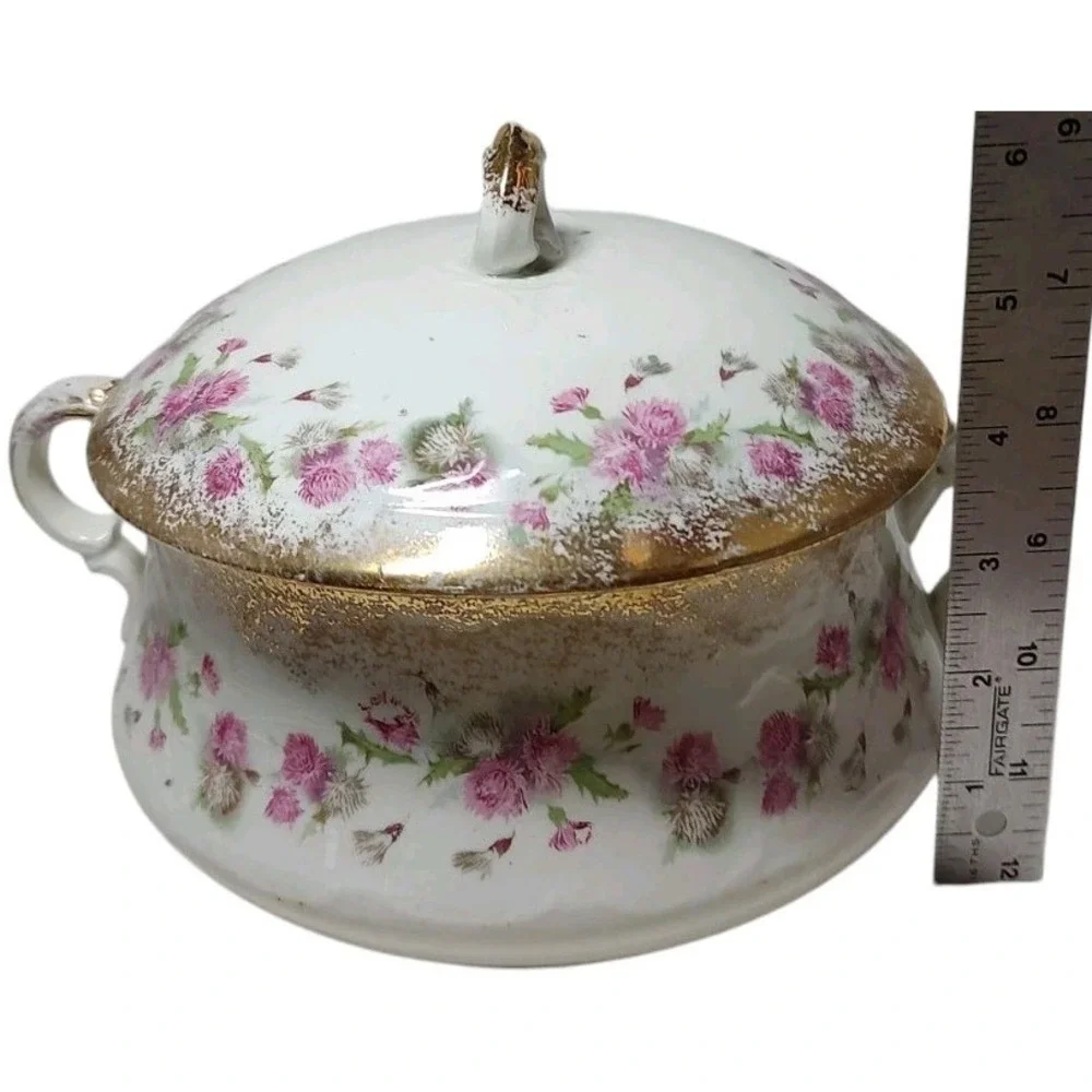 Antique MS‎ Floral Lidded Serving Dish Round Floral Gold Trim Semi Porcelain SEE
